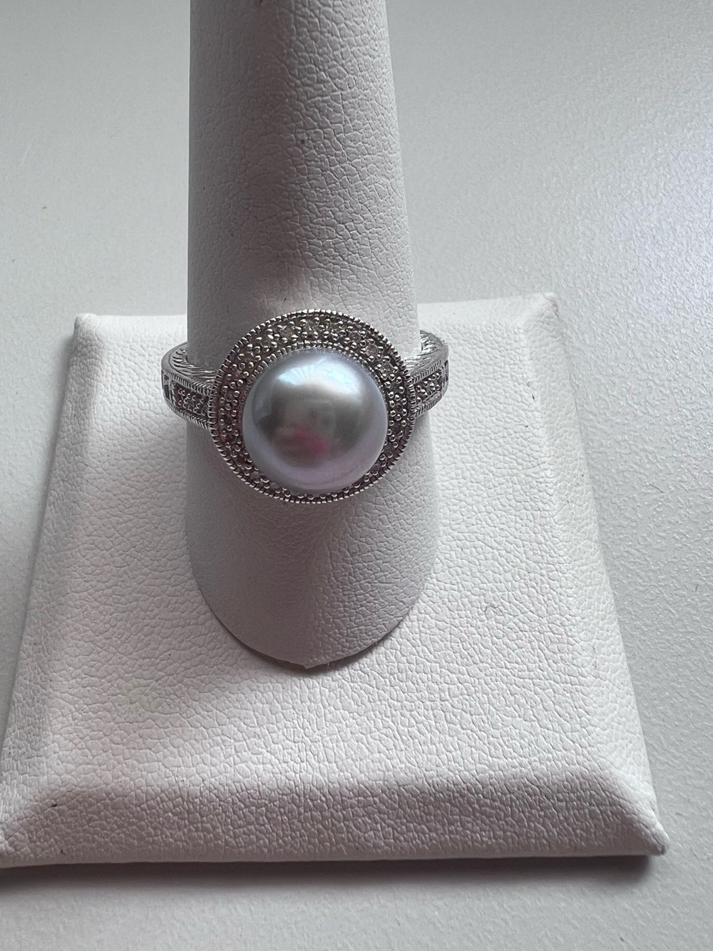 QVC Affinity Diamonds Sterling Silver Grey Pearl Halo Ring Size 10